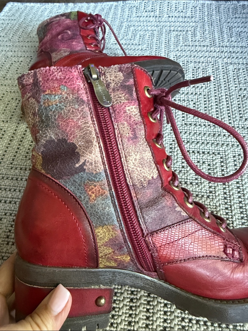 Women's Red Lace-Up Mixed-Material Ankle Boots - Picture 4 of 7